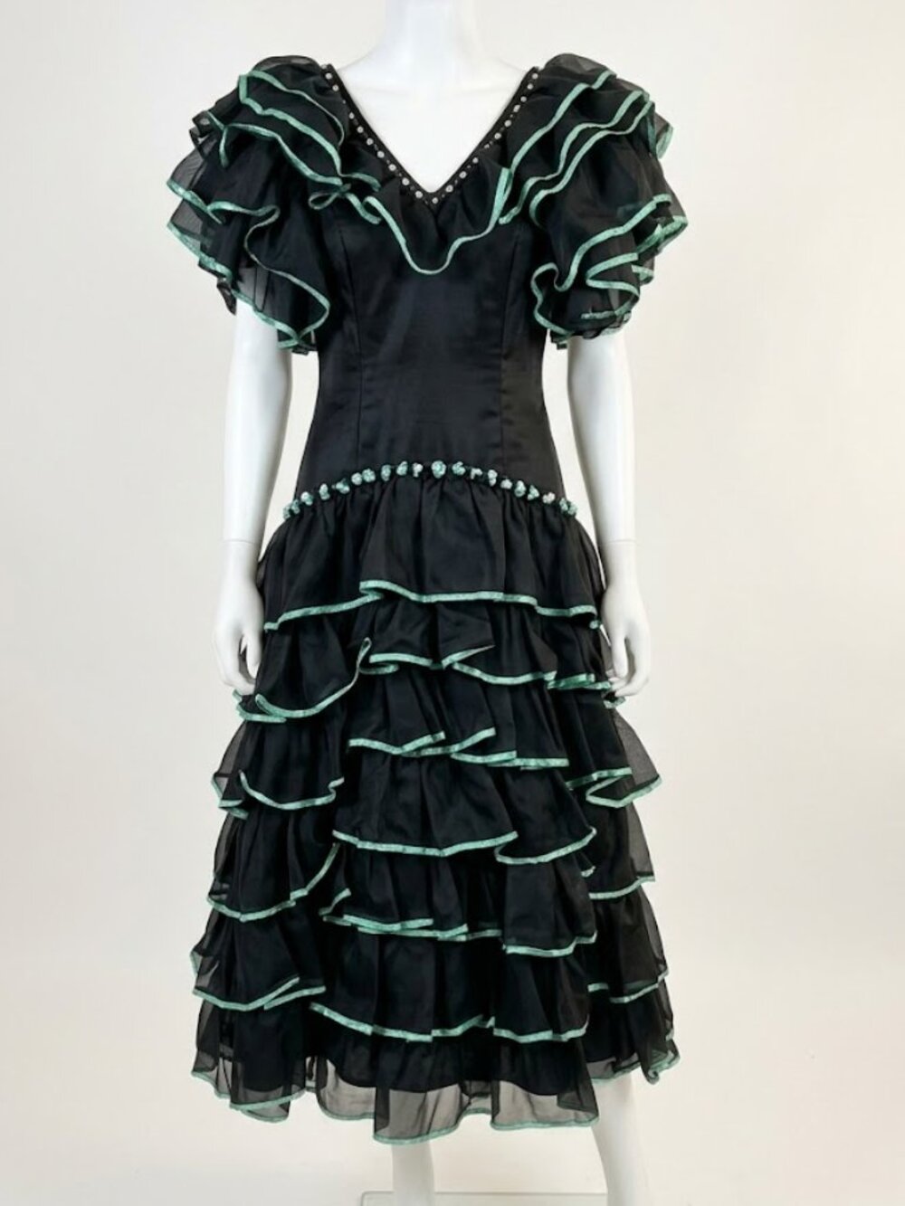 Vintage Authentic Spanish Flamenco Dress - Black with Aqua Ruffles